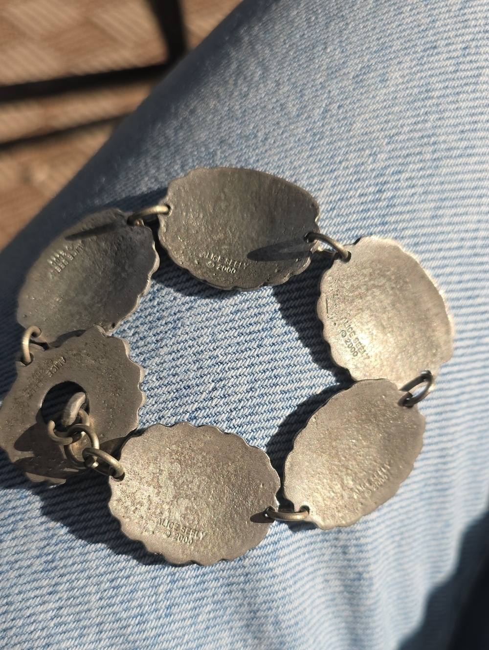Vintage Alice Seely 2000 Signed Pewter Chevron Panel Link Bracelet Toggle Clasp - Picture 6 of 7